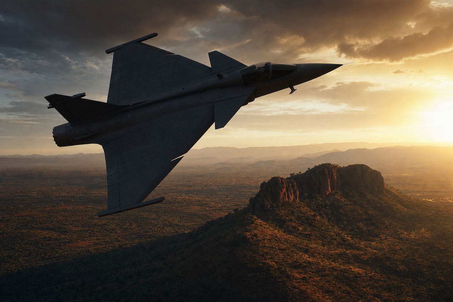 Royal Australian Air Force fast jet banking through golden-hour sky